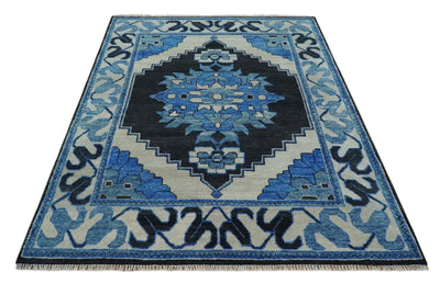 Hand Knotted Antique 6x9, 8x10, 9x12, 10x14 and 12x15 Blue, Black and Ivory Traditional Heriz Serapi Wool Rug | TRDCP822 - The Rug Decor