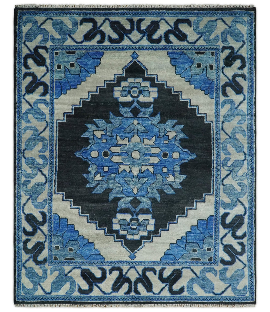 Hand Knotted Antique 6x9, 8x10, 9x12, 10x14 and 12x15 Blue, Black and Ivory Traditional Heriz Serapi Wool Rug | TRDCP822 - The Rug Decor