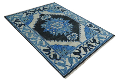 Hand Knotted Antique 6x9, 8x10, 9x12, 10x14 and 12x15 Blue, Black and Ivory Traditional Heriz Serapi Wool Rug | TRDCP822 - The Rug Decor