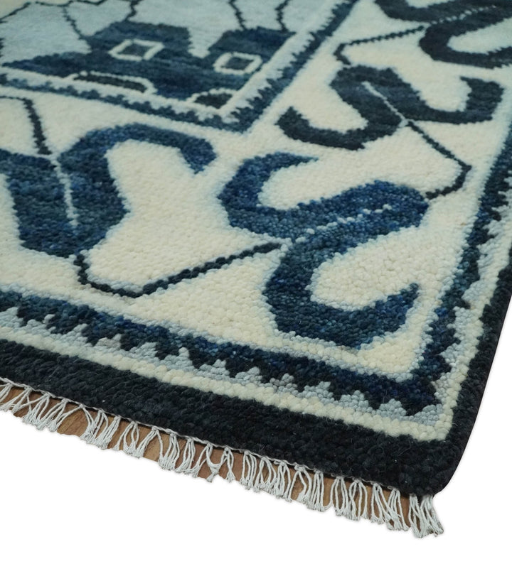 Hand Knotted Antique 8x10 Ivory and Blue Traditional Heriz Serapi Wool Rug | TRDCP859810 - The Rug Decor