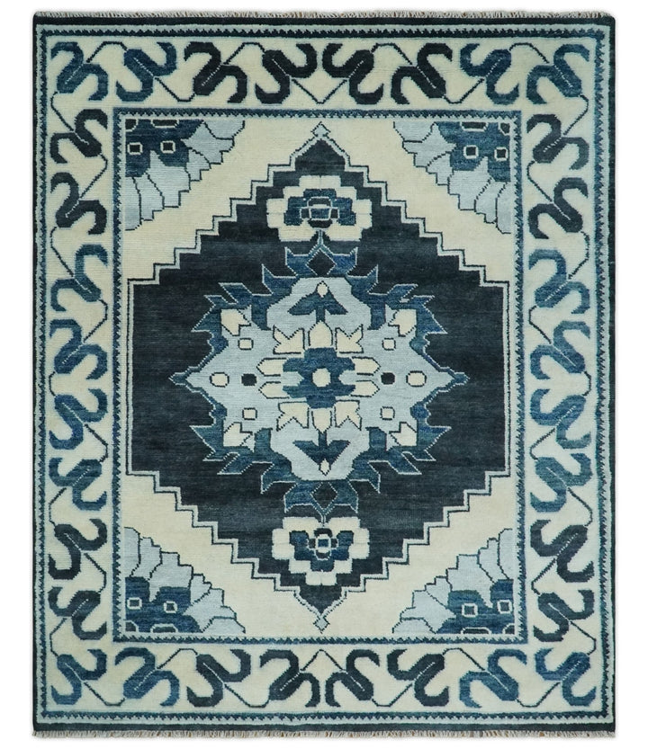 Hand Knotted Antique 8x10 Ivory and Blue Traditional Heriz Serapi Wool Rug | TRDCP859810 - The Rug Decor
