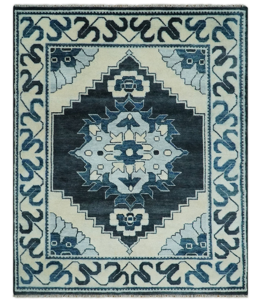 Hand Knotted Antique 8x10 Ivory and Blue Traditional Heriz Serapi Wool Rug | TRDCP859810 - The Rug Decor
