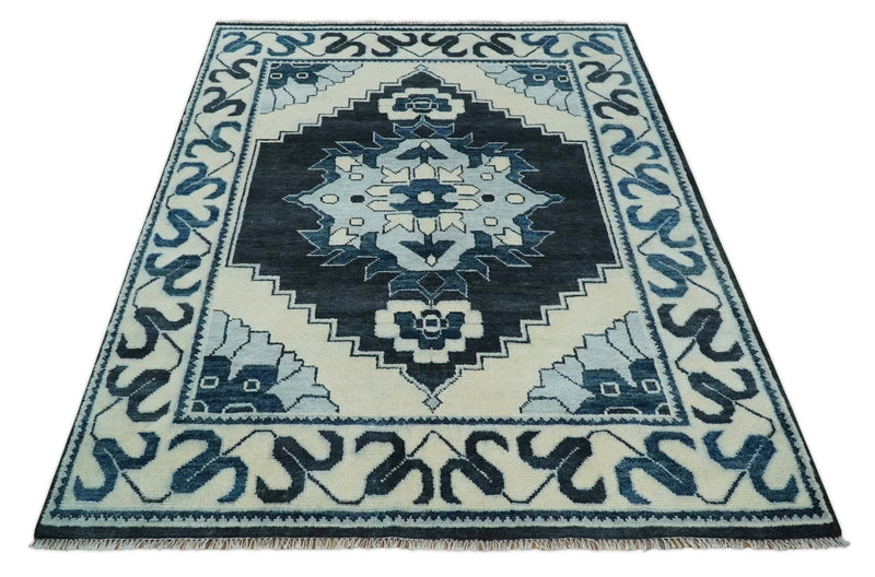 Hand Knotted Antique 8x10 Ivory and Blue Traditional Heriz Serapi Wool Rug | TRDCP859810 - The Rug Decor