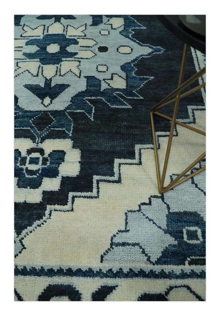 Hand Knotted Antique 8x10 Ivory and Blue Traditional Heriz Serapi Wool Rug | TRDCP859810 - The Rug Decor