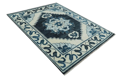 Hand Knotted Antique 8x10 Ivory and Blue Traditional Heriz Serapi Wool Rug | TRDCP859810 - The Rug Decor