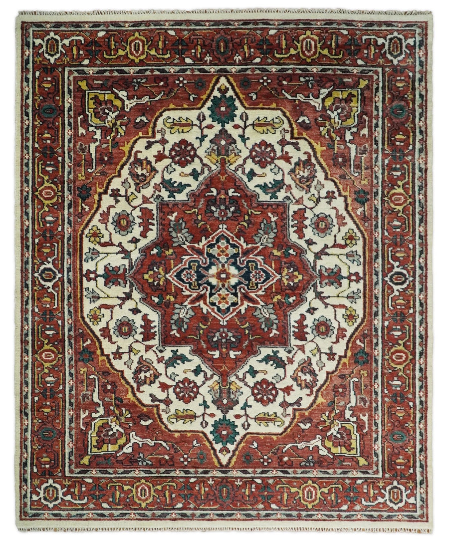 Hand Knotted Antique 8x10 Ivory and Rust Traditional Persian Area Rug | TRDCP89810 - The Rug Decor