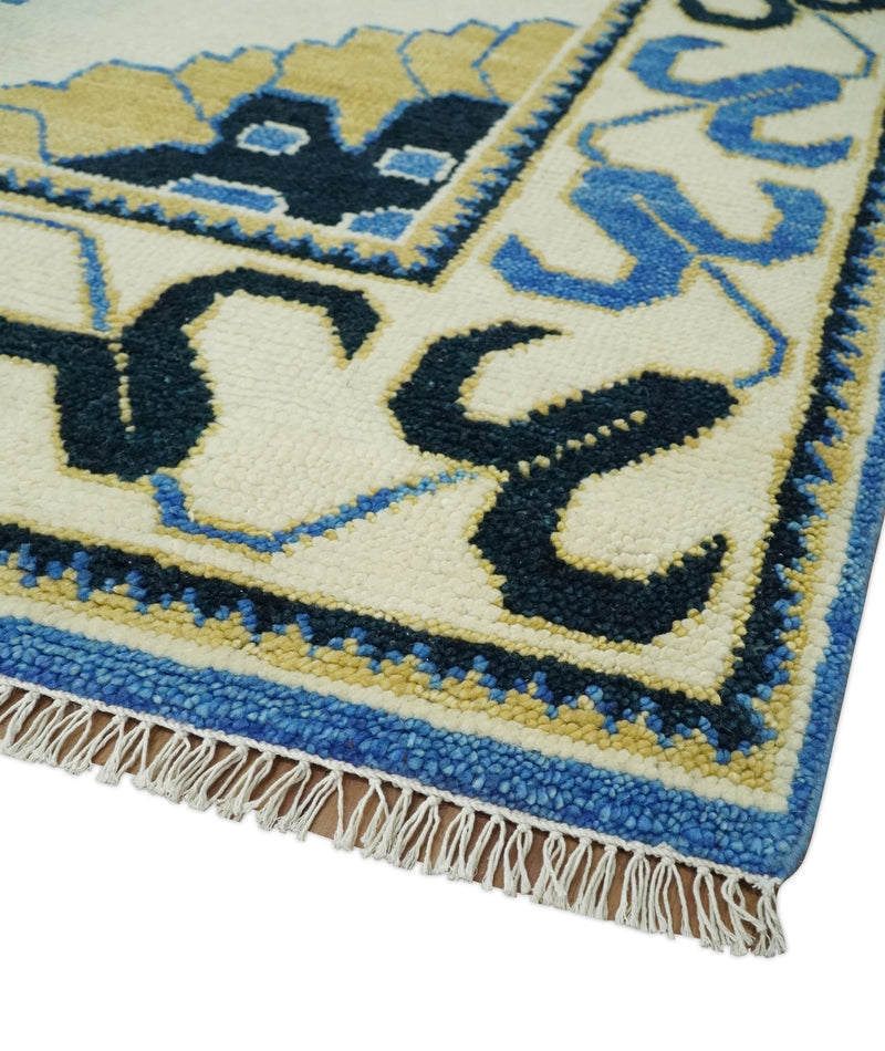 Hand Knotted Antique 8x10 Ivory, Blue and Beige Traditional Heriz Serapi Wool Rug | TRDCP861810 - The Rug Decor