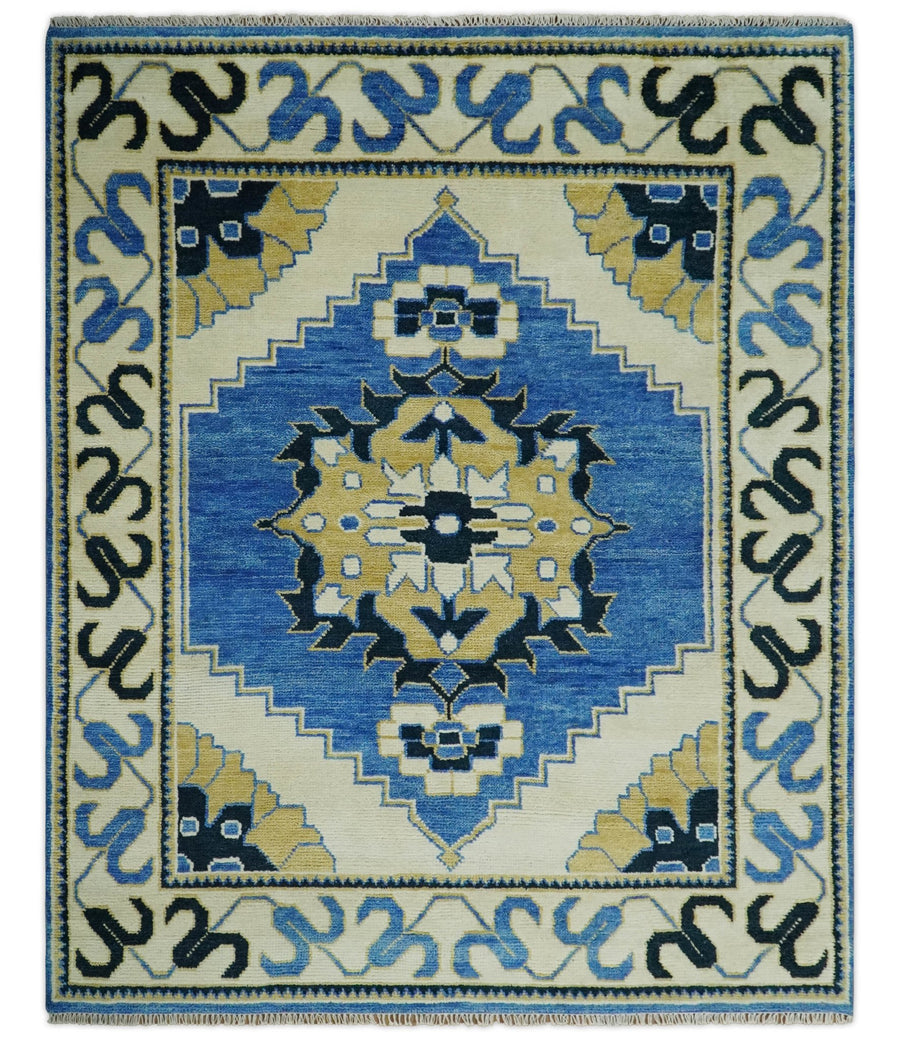 Hand Knotted Antique 8x10 Ivory, Blue and Beige Traditional Heriz Serapi Wool Rug | TRDCP861810 - The Rug Decor