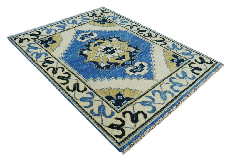Hand Knotted Antique 8x10 Ivory, Blue and Beige Traditional Heriz Serapi Wool Rug | TRDCP861810 - The Rug Decor