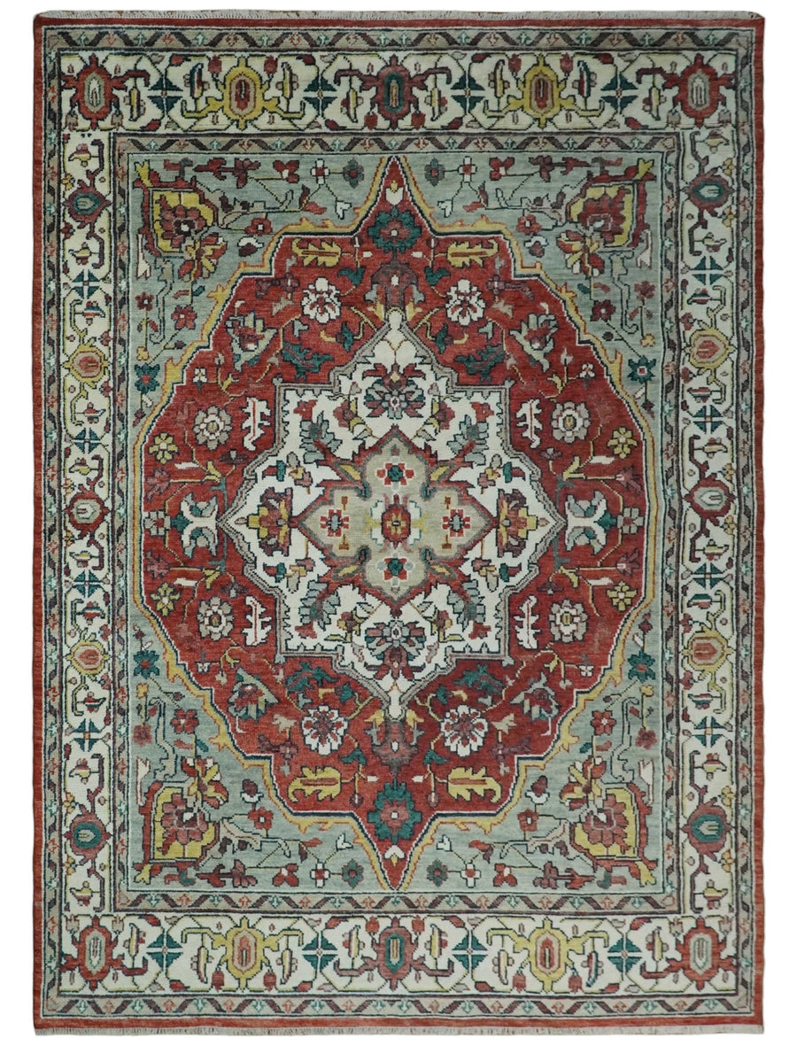 Hand Knotted Antique 8x10 Red and Ivory Traditional Persian Vintage Style Area Rug | TRDC5541014 - The Rug Decor