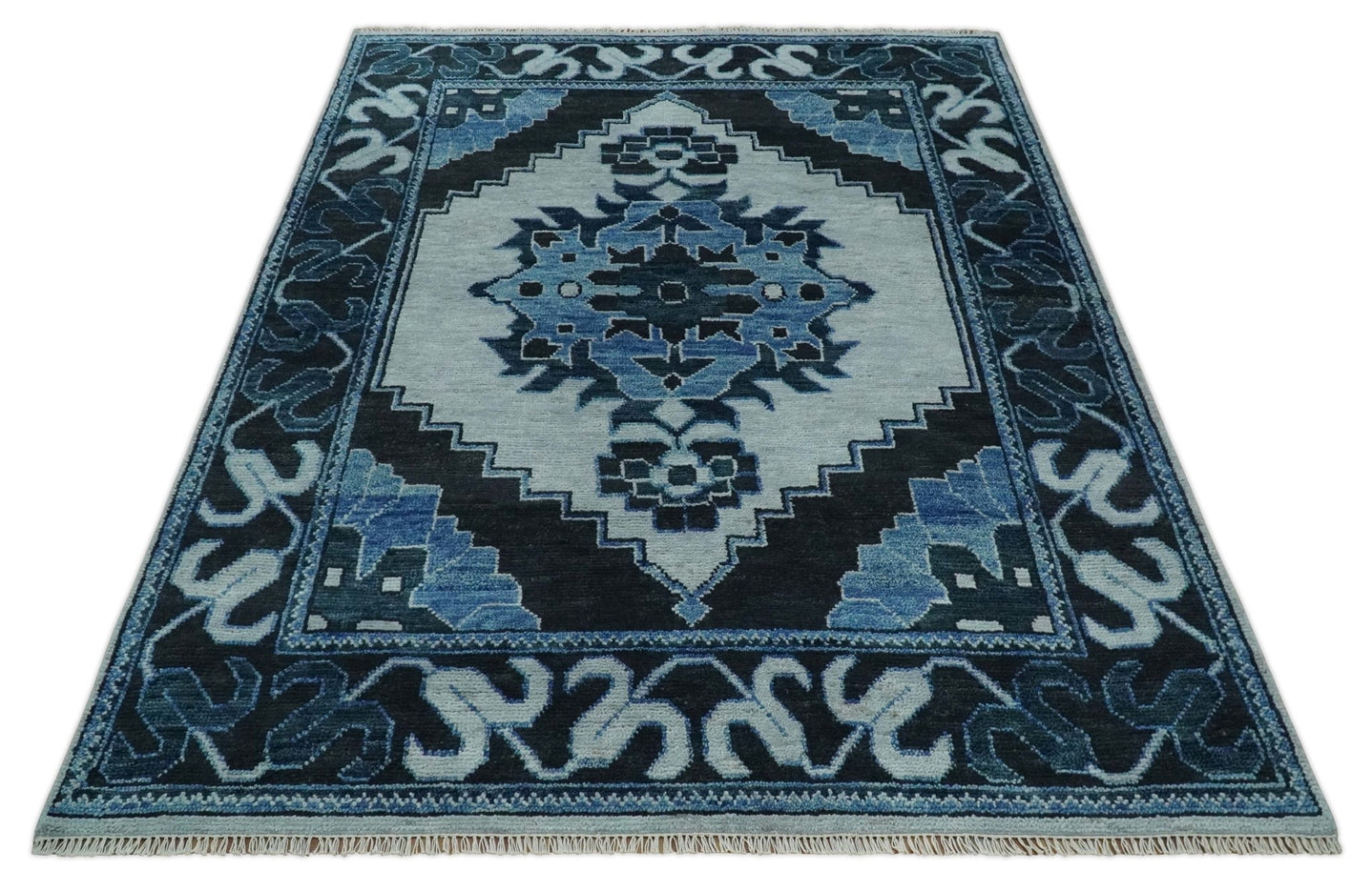 Hand Knotted Antique 8x10 Silver, Blue and Black Traditional Heriz Serapi Wool Rug | TRDCP873810 - The Rug Decor