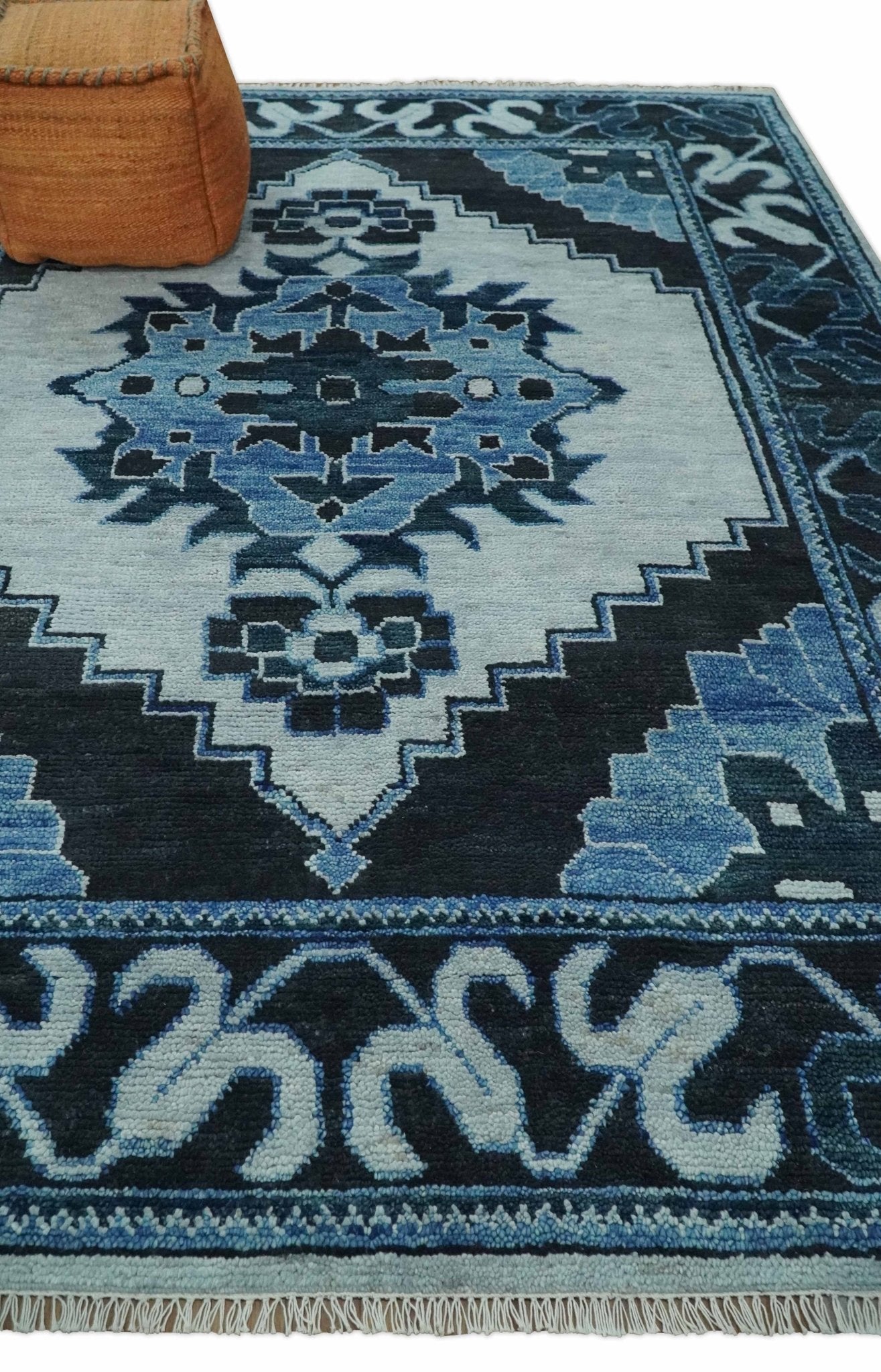 Hand Knotted Antique 8x10 Silver, Blue and Black Traditional Heriz Serapi Wool Rug | TRDCP873810 - The Rug Decor
