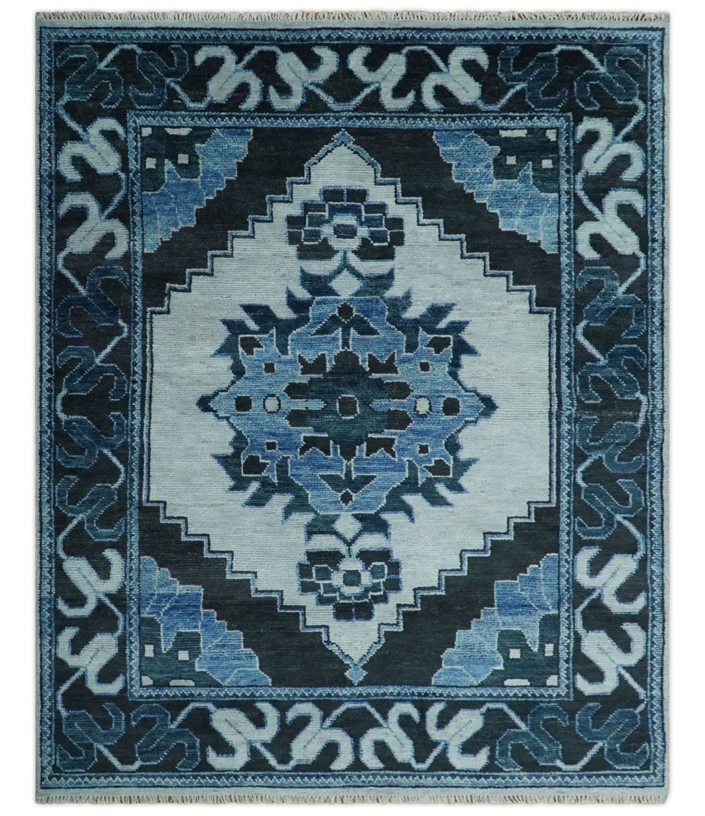 Hand Knotted Antique 8x10 Silver, Blue and Black Traditional Heriz Serapi Wool Rug | TRDCP873810 - The Rug Decor