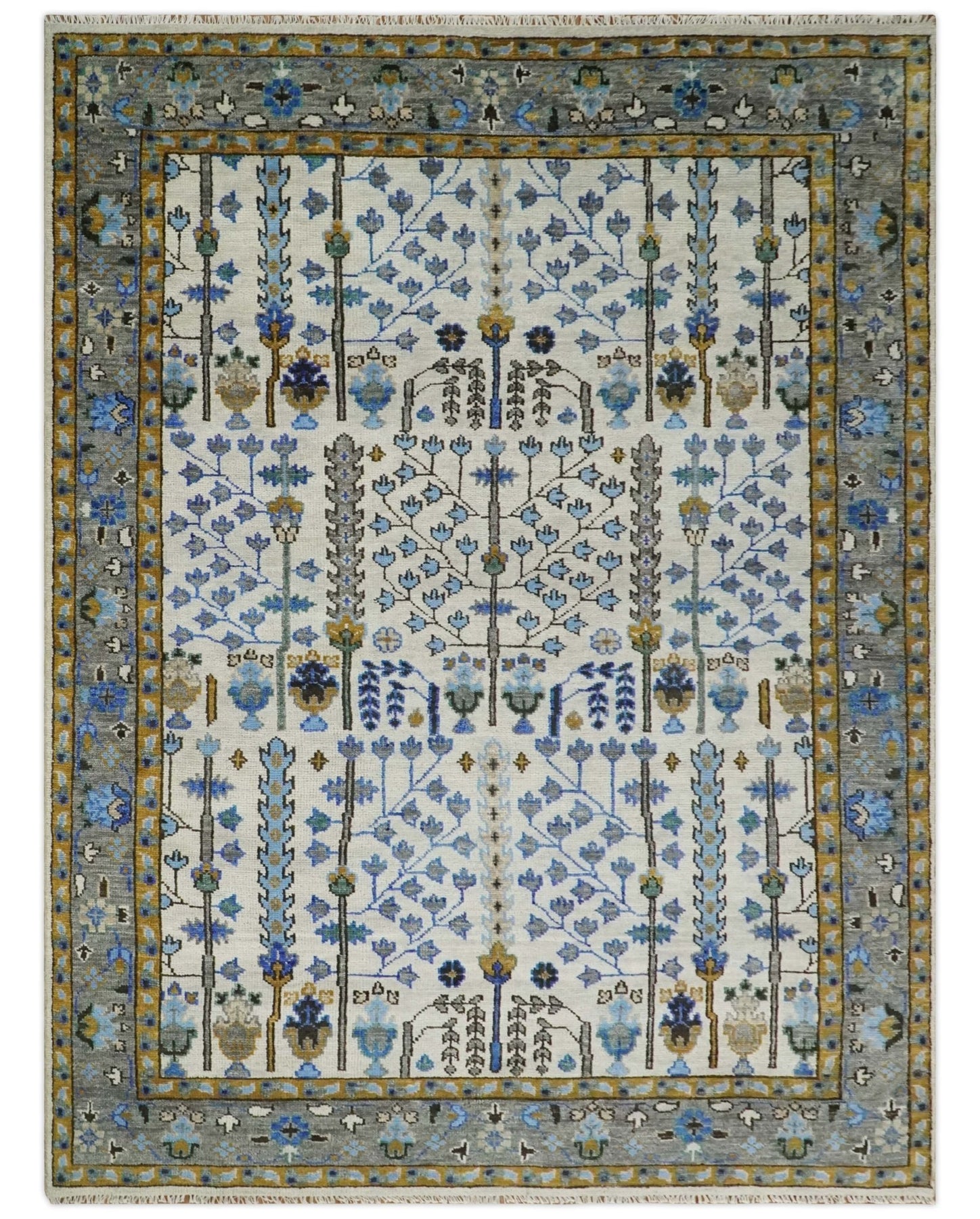 Custom Made Tree of life Hand Knotted Antique Ivory, Blue and Gray Tra ...