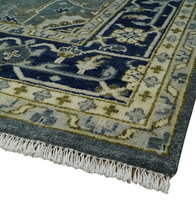 Hand Knotted Antique Moss Gray 6x9, 8x10, 9x12, 10x14 and 12x15 Beige and Blue Traditional Heriz Serapi Wool Rug | TRDCP814 - The Rug Decor