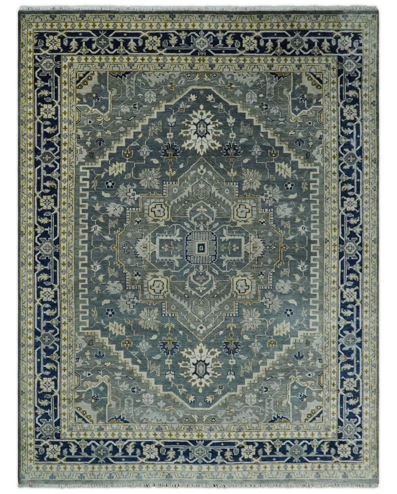 Hand Knotted Antique Moss Gray 6x9, 8x10, 9x12, 10x14 and 12x15 Beige and Blue Traditional Heriz Serapi Wool Rug | TRDCP814 - The Rug Decor