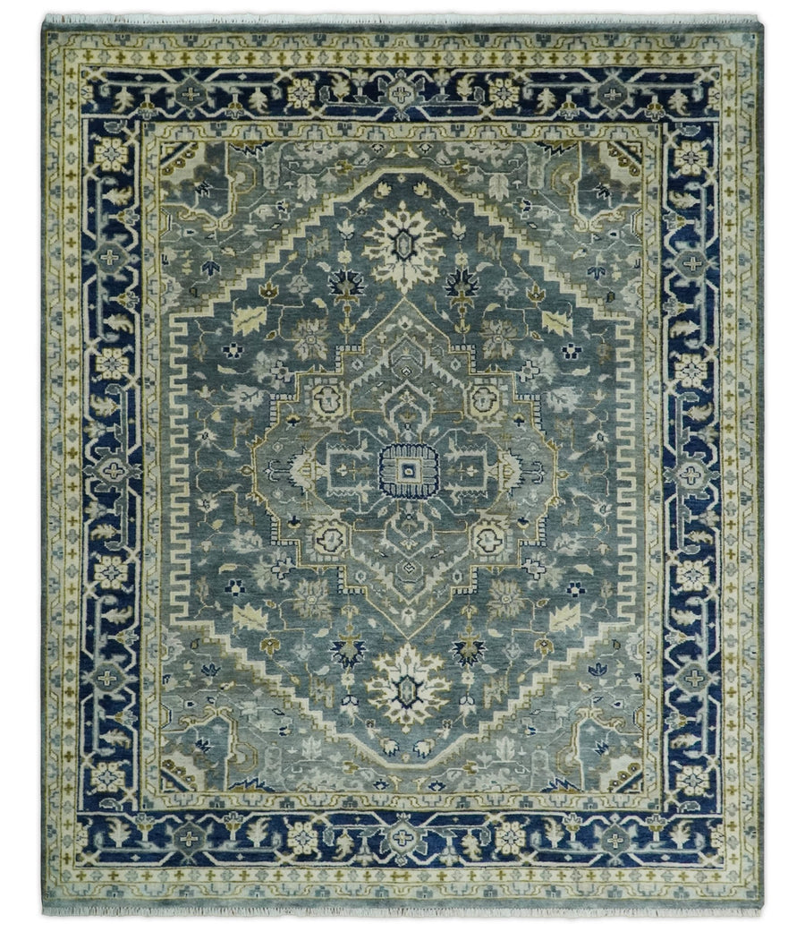 Hand Knotted Antique Moss Gray 6x9, 8x10, 9x12, 10x14 and 12x15 Beige and Blue Traditional Heriz Serapi Wool Rug | TRDCP814 - The Rug Decor