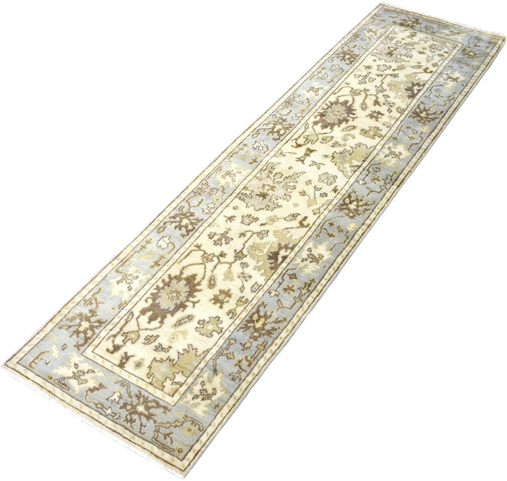Hand Knotted Beige and Blue Antique Oushak Wool Runner Rug - The Rug Decor