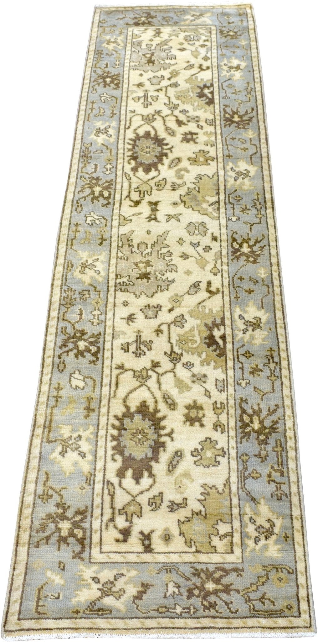 Hand Knotted Beige and Blue Antique Oushak Wool Runner Rug - The Rug Decor