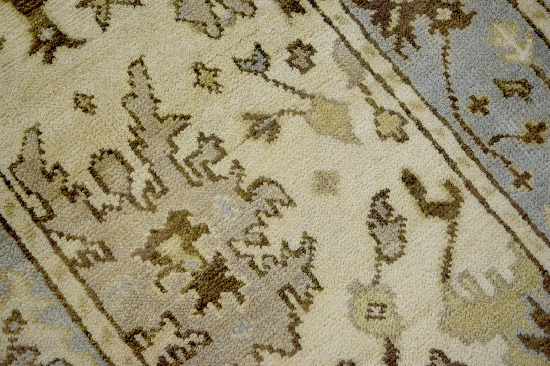 Hand Knotted Beige and Blue Antique Oushak Wool Runner Rug - The Rug Decor