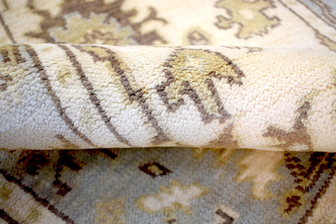 Hand Knotted Beige and Blue Antique Oushak Wool Runner Rug - The Rug Decor