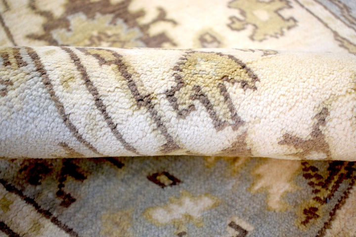 Hand Knotted Beige and Blue Antique Oushak Wool Runner Rug - The Rug Decor