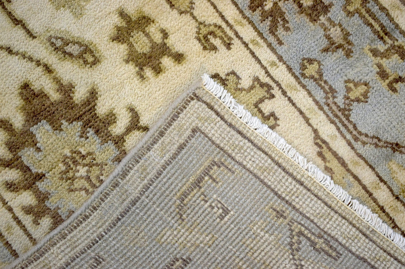 Hand Knotted Beige and Blue Antique Oushak Wool Runner Rug - The Rug Decor