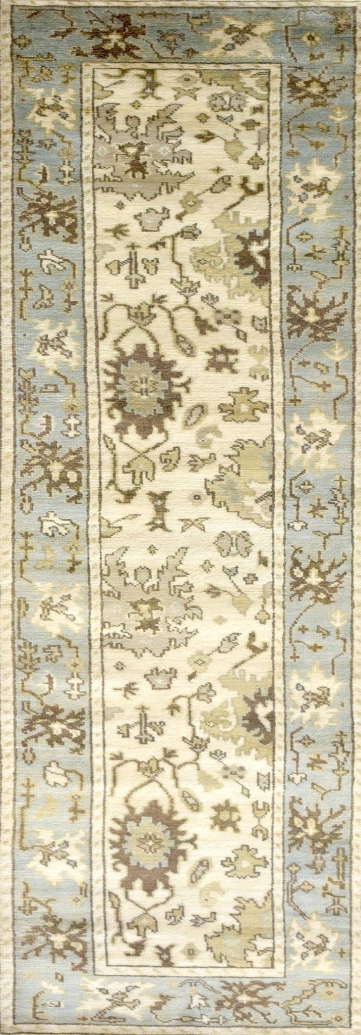 Hand Knotted Beige and Blue Antique Oushak Wool Runner Rug - The Rug Decor