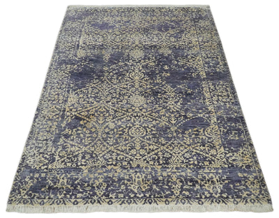Hand Knotted Beige and Blue Traditional Vintage Turkish Style Art Silk Rug | KNT56 - The Rug Decor