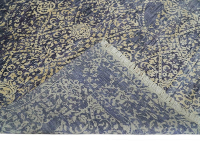 Hand Knotted Beige and Blue Traditional Vintage Turkish Style Art Silk Rug | KNT56 - The Rug Decor