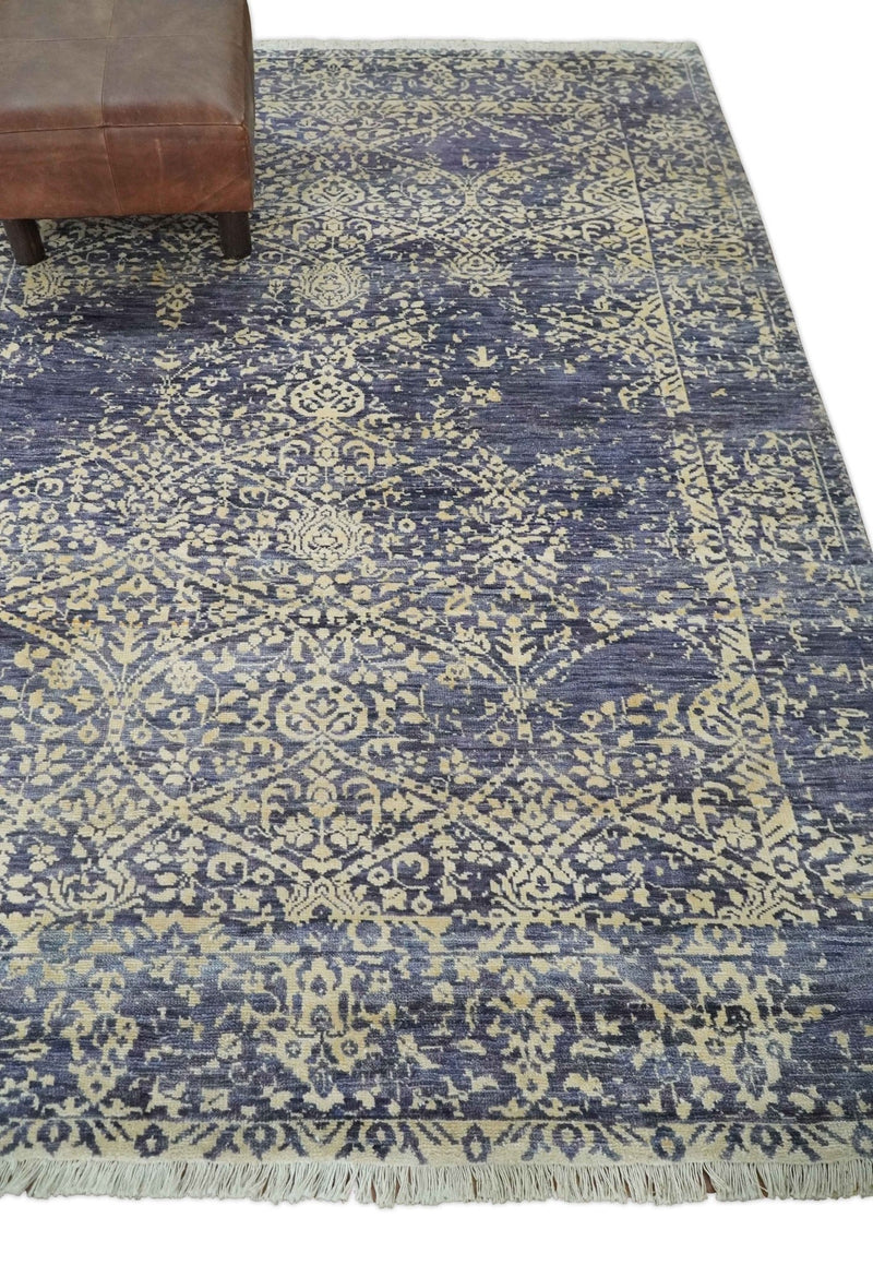Hand Knotted Beige and Blue Traditional Vintage Turkish Style Art Silk Rug | KNT56 - The Rug Decor