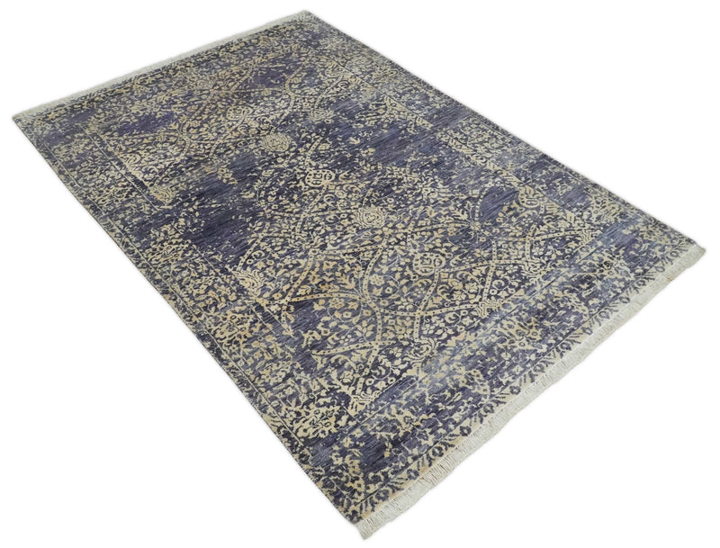 Hand Knotted Beige and Blue Traditional Vintage Turkish Style Art Silk Rug | KNT56 - The Rug Decor