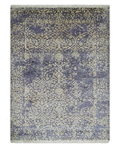 Hand Knotted Beige and Blue Traditional Vintage Turkish Style Art Silk Rug | KNT56 - The Rug Decor