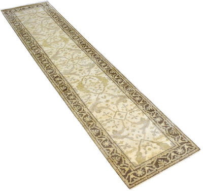 Hand Knotted Beige and Brown Antique Oushak Wool Runner Rug - The Rug Decor
