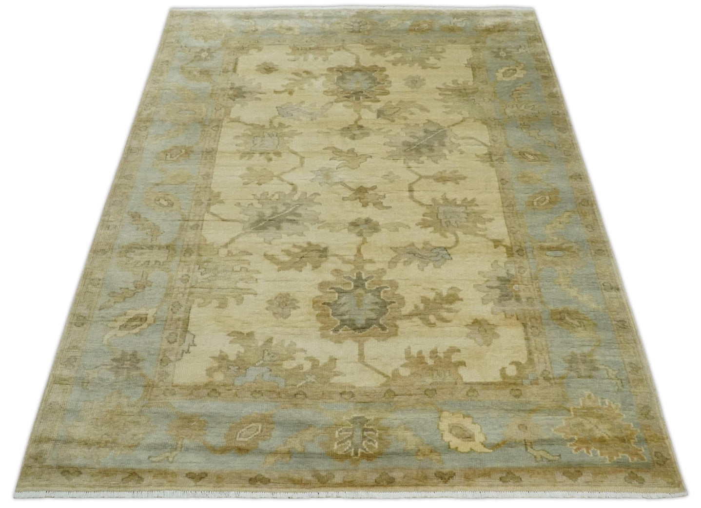 Hand Knotted Beige and Silver Modern Traditional Wool Oushak Area Rug - The Rug Decor