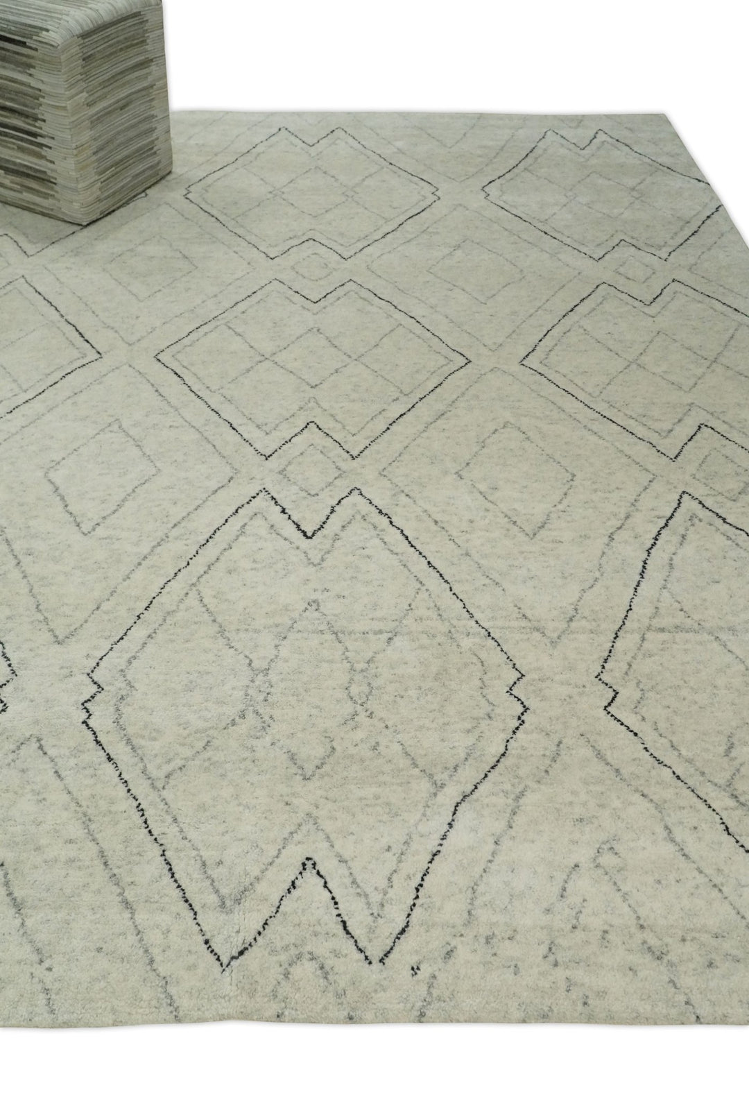 Hand Knotted Beige, Gray and Black 8x10 Trellis Moroccan Rug Made with Fine Wool | TRDCP646810 - The Rug Decor