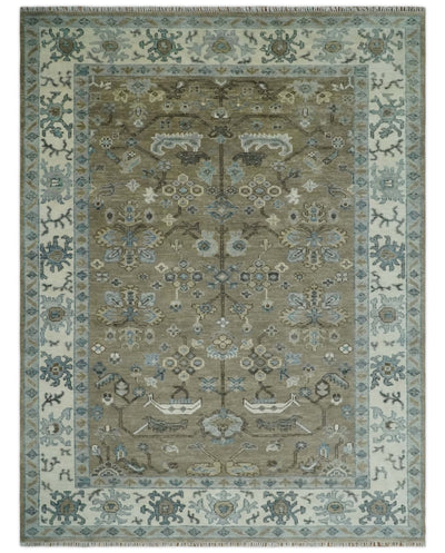 Hand Knotted Beige, Ivory and Silver Oriental Oushak 9x12 Traditional Wool Area Rug - The Rug Decor