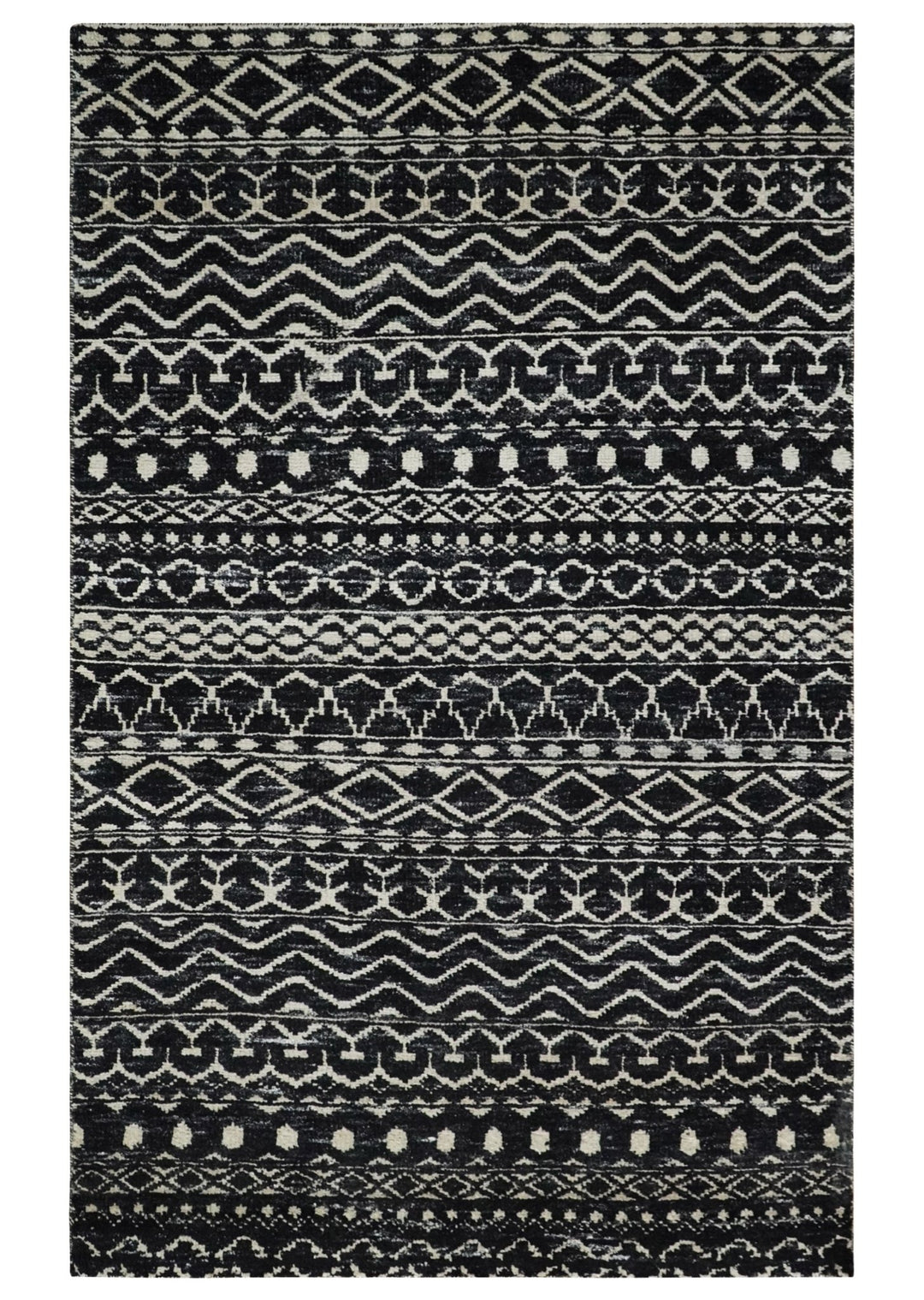 Hand Knotted Black and Ivory Modern Contemporary Tribal Trellis Recycled Silk Area Rug - The Rug Decor