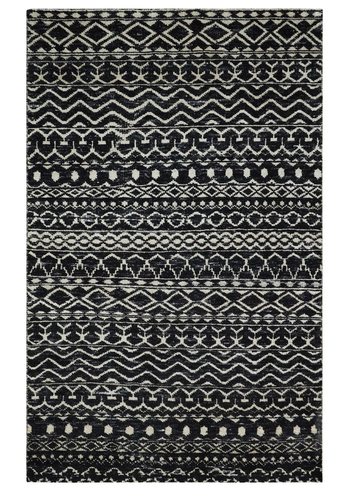 Hand Knotted Black and Ivory Modern Contemporary Tribal Trellis Recycled Silk Area Rug - The Rug Decor