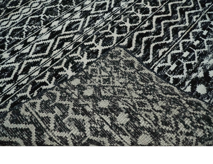 Hand Knotted Black and Ivory Modern Contemporary Tribal Trellis Recycled Silk Area Rug - The Rug Decor