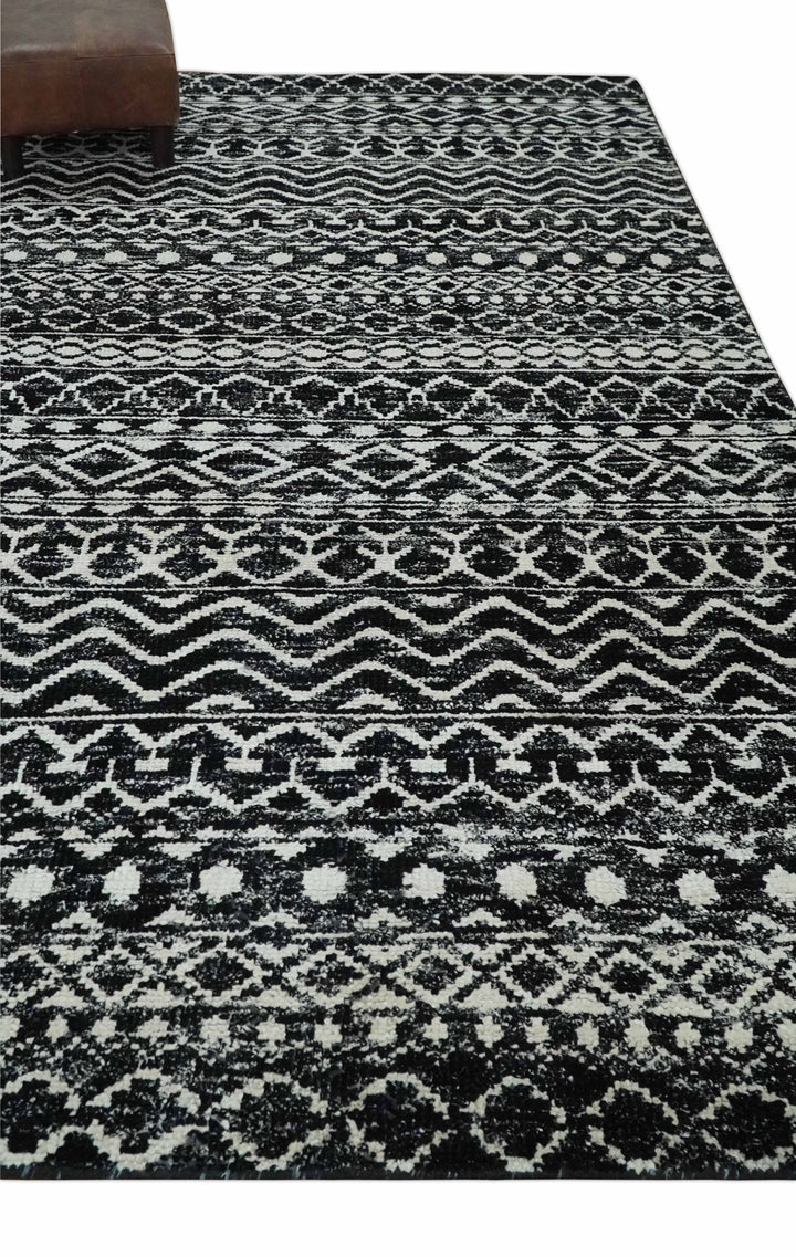 Hand Knotted Black and Ivory Modern Contemporary Tribal Trellis Recycled Silk Area Rug - The Rug Decor