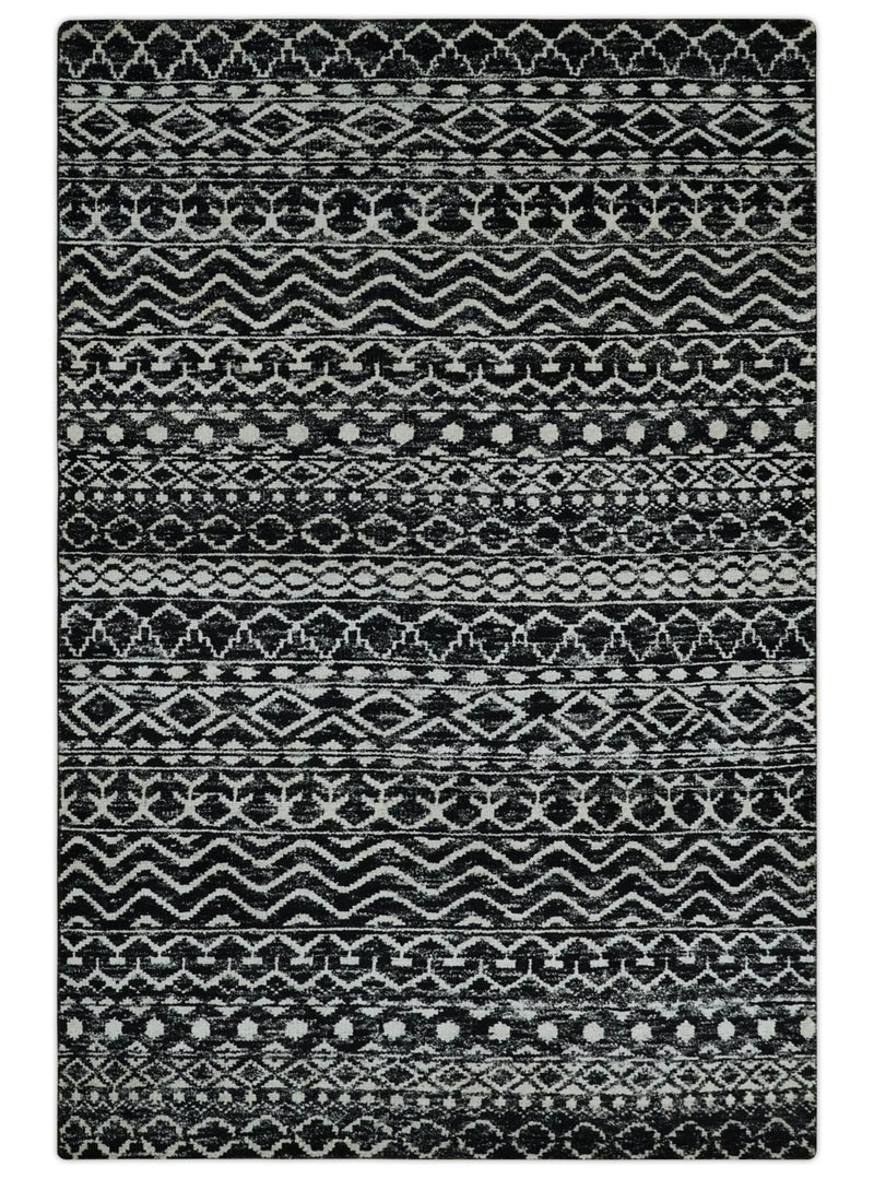 Hand Knotted Black and Ivory Modern Contemporary Tribal Trellis Recycled Silk Area Rug - The Rug Decor