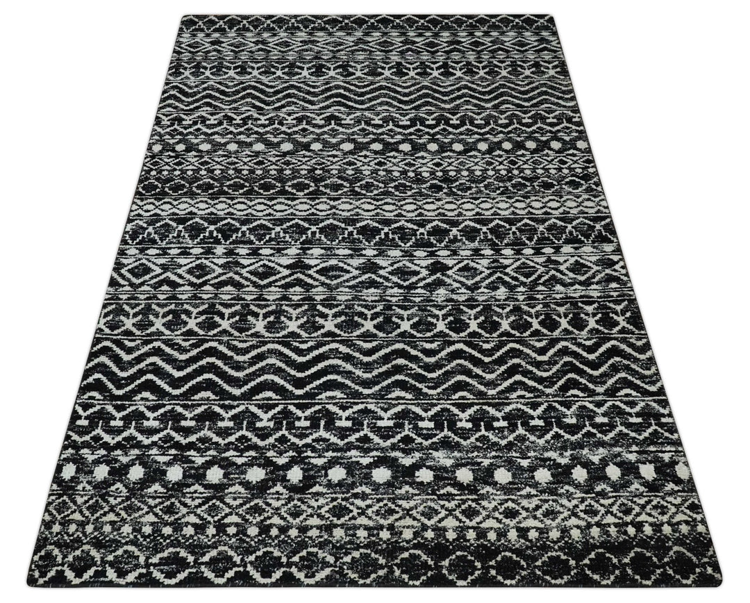 Hand Knotted Black and Ivory Modern Contemporary Tribal Trellis Recycled Silk Area Rug - The Rug Decor