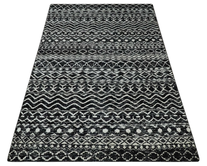 Hand Knotted Black and Ivory Modern Contemporary Tribal Trellis Recycled Silk Area Rug - The Rug Decor