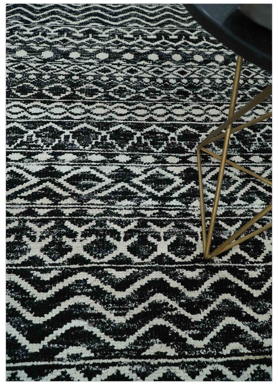 Hand Knotted Black and Ivory Modern Contemporary Tribal Trellis Recycled Silk Area Rug - The Rug Decor