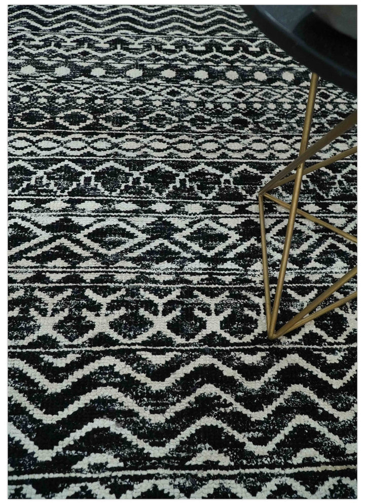 Hand Knotted Black and Ivory Modern Contemporary Tribal Trellis Recycled Silk Area Rug - The Rug Decor