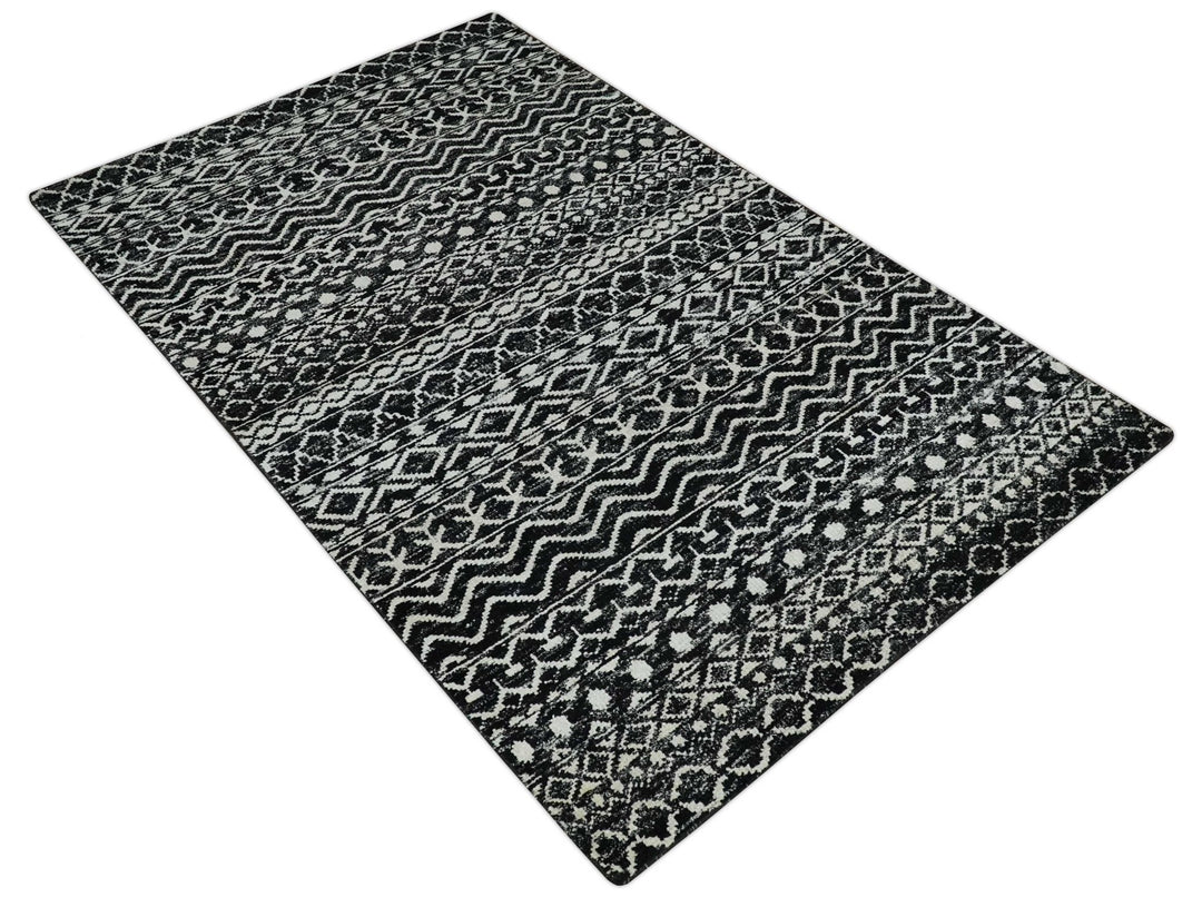 Hand Knotted Black and Ivory Modern Contemporary Tribal Trellis Recycled Silk Area Rug - The Rug Decor