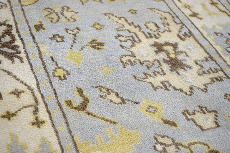 Hand Knotted Blue and Beige Antique Oushak Blue and Beige Wool Runner Rug - The Rug Decor