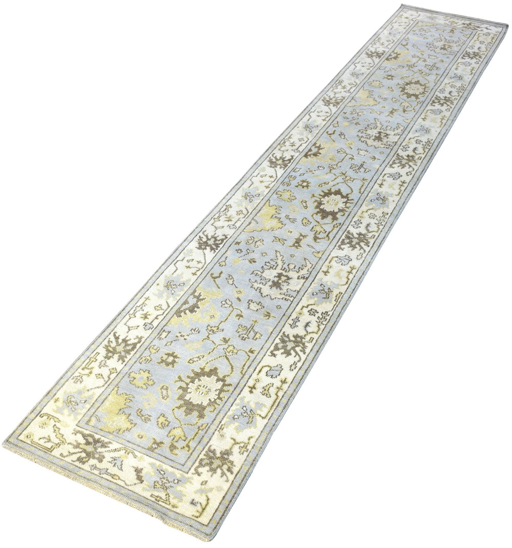 Hand Knotted Blue and Beige Antique Oushak Blue and Beige Wool Runner Rug - The Rug Decor
