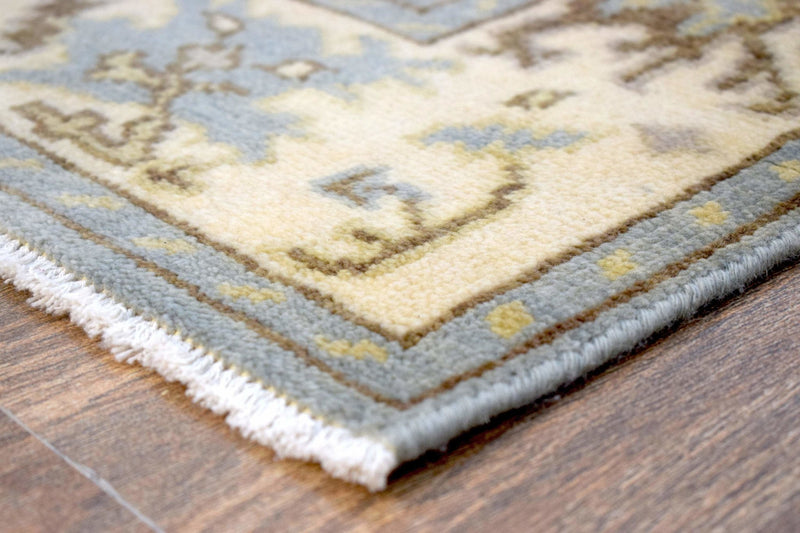 Hand Knotted Blue and Beige Antique Oushak Wool Runner Rug - The Rug Decor